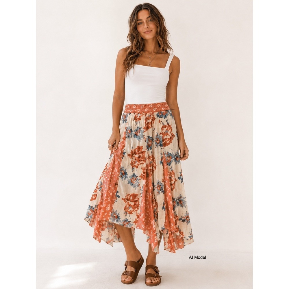 Free People Boho Floral Midi Skirt Medium Patchwork Handkerchief Hem Festival